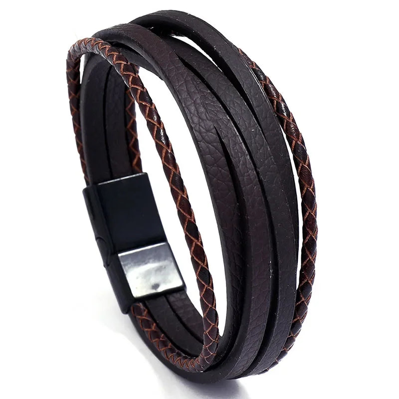 Genuine Leather Mens Bracelet with Alloy Magnetic Clasp Simple OL Style Wristband Jewelry - Buzzastore