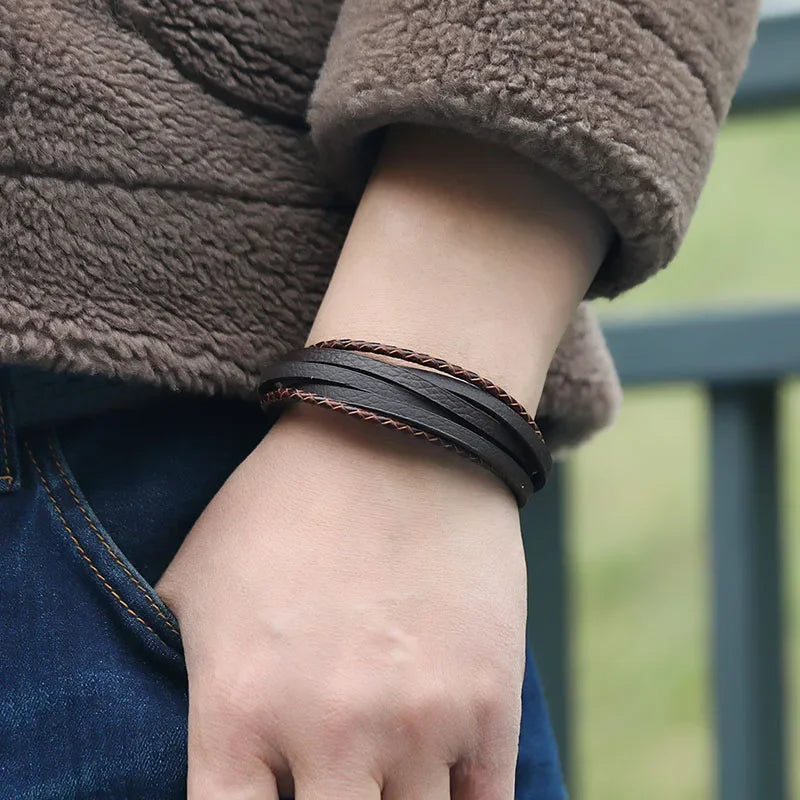 Genuine Leather Mens Bracelet with Alloy Magnetic Clasp Simple OL Style Wristband Jewelry - Buzzastore