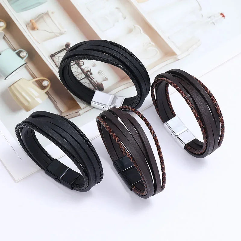 Genuine Leather Mens Bracelet with Alloy Magnetic Clasp Simple OL Style Wristband Jewelry - Buzzastore