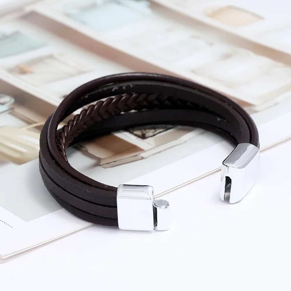 Genuine Leather Mens Bracelet with Alloy Magnetic Clasp Simple OL Style Wristband Jewelry - Buzzastore