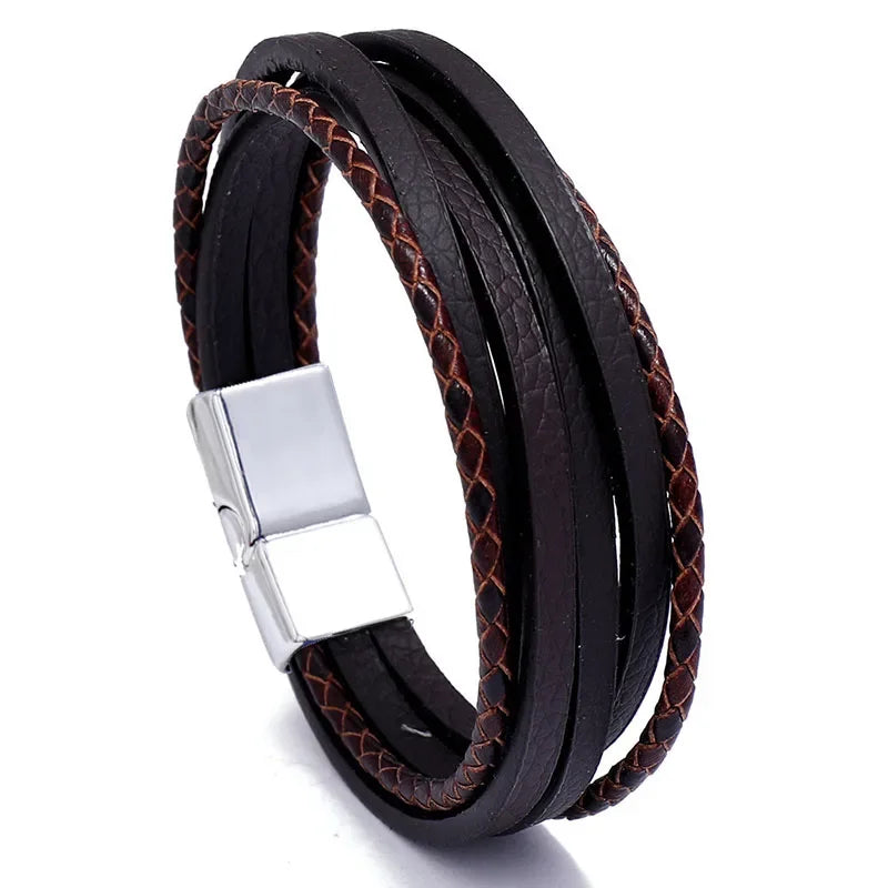 Genuine Leather Mens Bracelet with Alloy Magnetic Clasp Simple OL Style Wristband Jewelry - Buzzastore