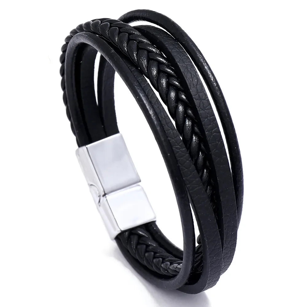Genuine Leather Mens Bracelet with Alloy Magnetic Clasp Simple OL Style Wristband Jewelry - Buzzastore