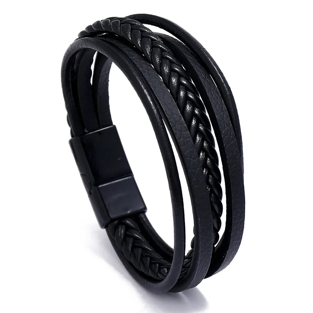 Genuine Leather Mens Bracelet with Alloy Magnetic Clasp Simple OL Style Wristband Jewelry - Buzzastore