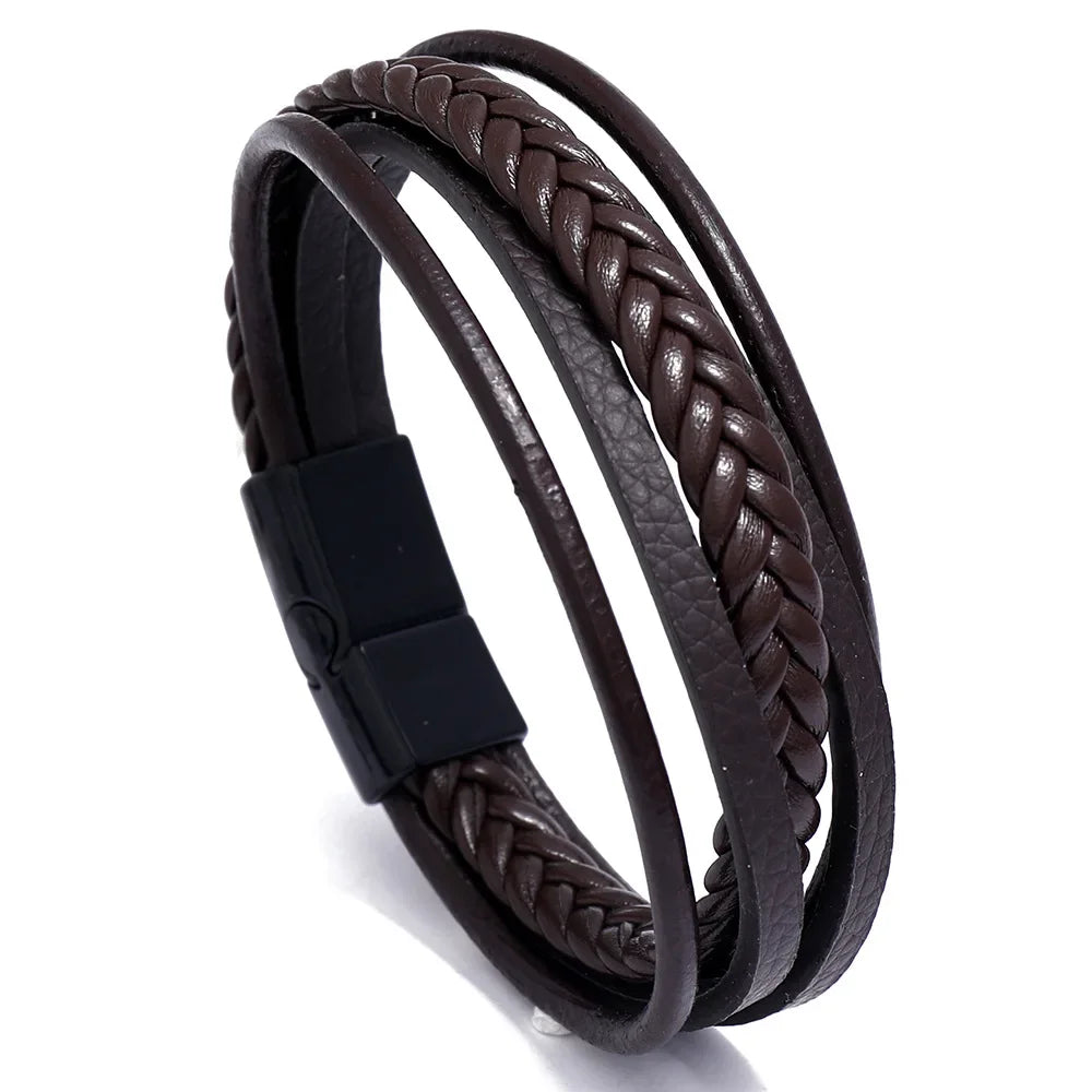 Genuine Leather Mens Bracelet with Alloy Magnetic Clasp Simple OL Style Wristband Jewelry - Buzzastore