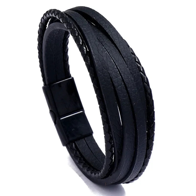 Genuine Leather Mens Bracelet with Alloy Magnetic Clasp Simple OL Style Wristband Jewelry - Buzzastore