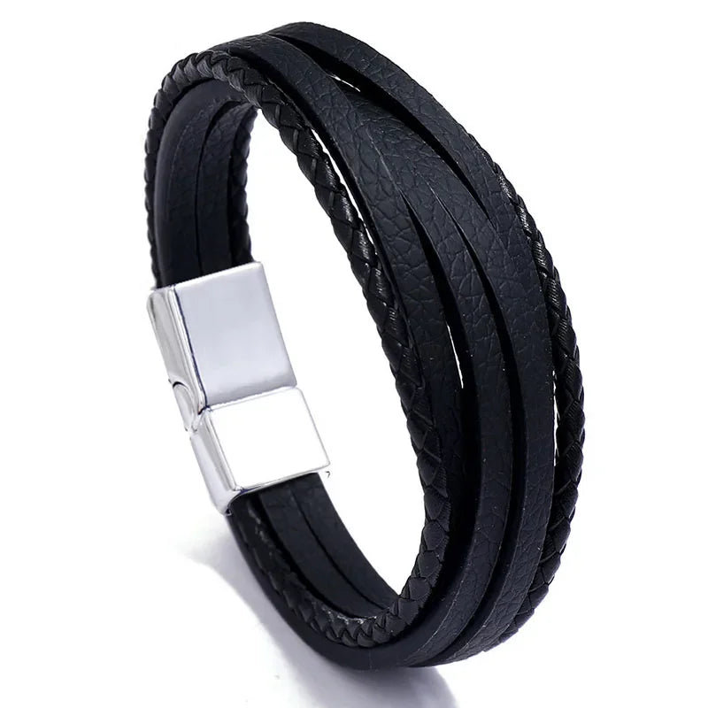 Genuine Leather Mens Bracelet with Alloy Magnetic Clasp Simple OL Style Wristband Jewelry - Buzzastore