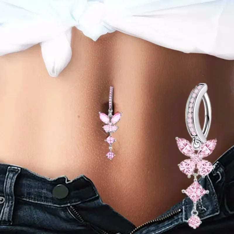 Pink Butterfly CZ Belly Button Ring - Fashionable Crystal Navel Barbell Jewelry for Women - Buzzastore