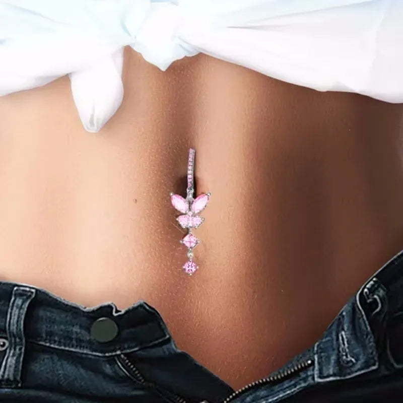 Pink Butterfly CZ Belly Button Ring - Fashionable Crystal Navel Barbell Jewelry for Women - Buzzastore