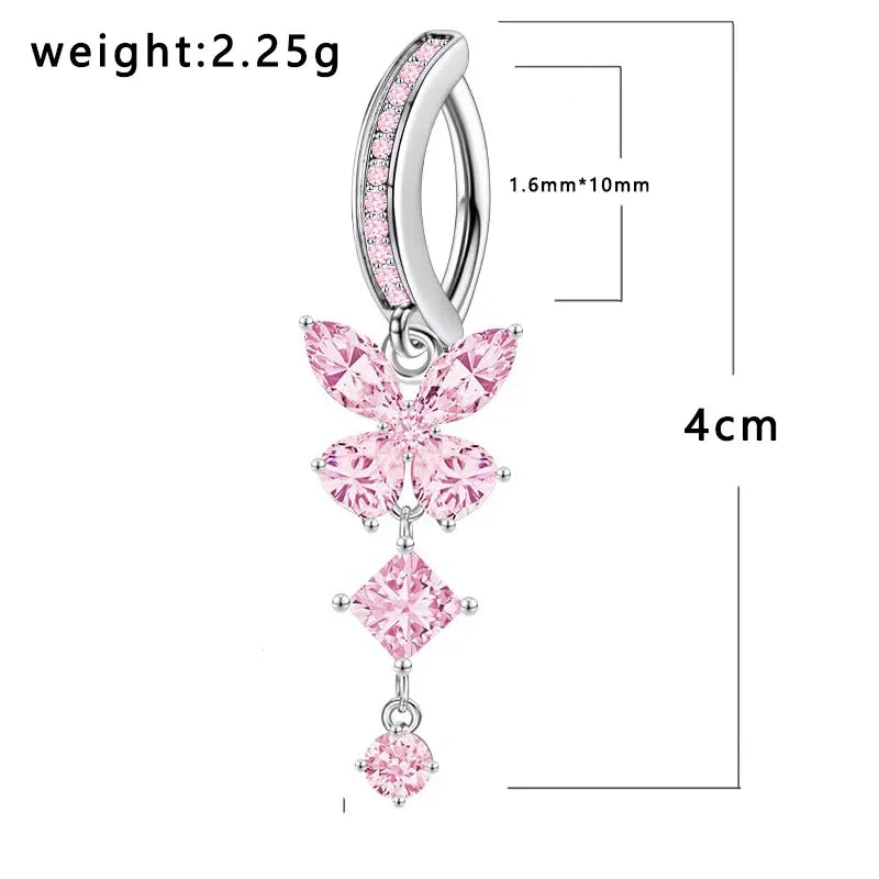 Pink Butterfly CZ Belly Button Ring - Fashionable Crystal Navel Barbell Jewelry for Women - Buzzastore