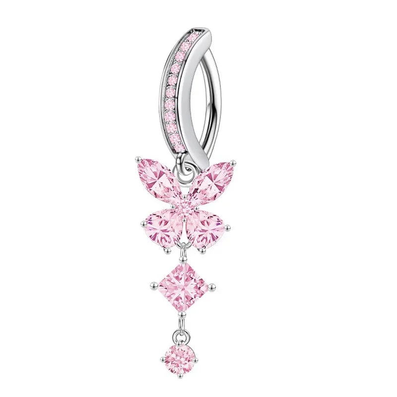 Pink Butterfly CZ Belly Button Ring - Fashionable Crystal Navel Barbell Jewelry for Women - Buzzastore