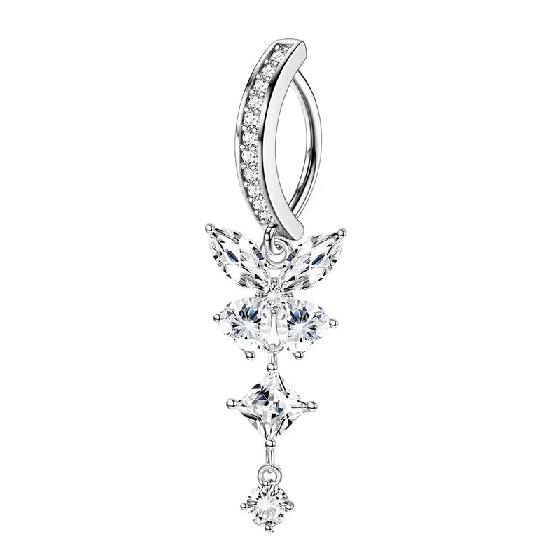 Pink Butterfly CZ Belly Button Ring - Fashionable Crystal Navel Barbell Jewelry for Women - Buzzastore