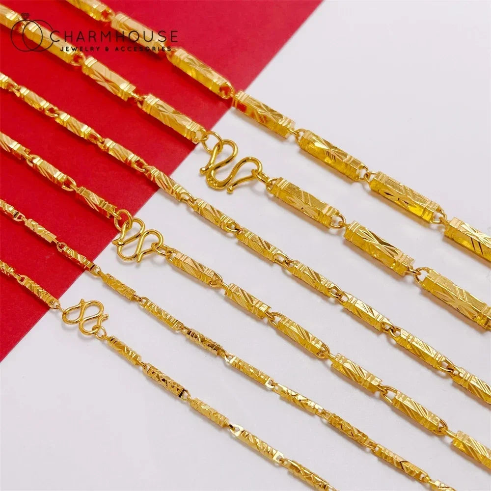 Gold Plated Bamboo Beaded Long Chain Necklace for Men Women - Trendy Choker Jewelry Accessory - Buzzastore