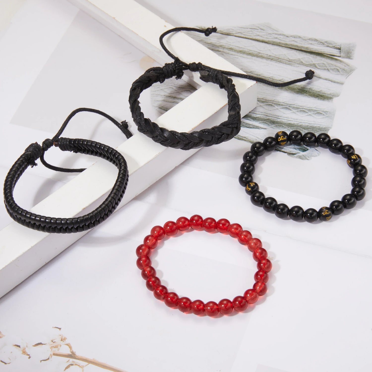 Mens Braided Leather Bracelet Set with Wood Beads and Black Rope - Stylish Multilayer Jewelry Gift - Buzzastore