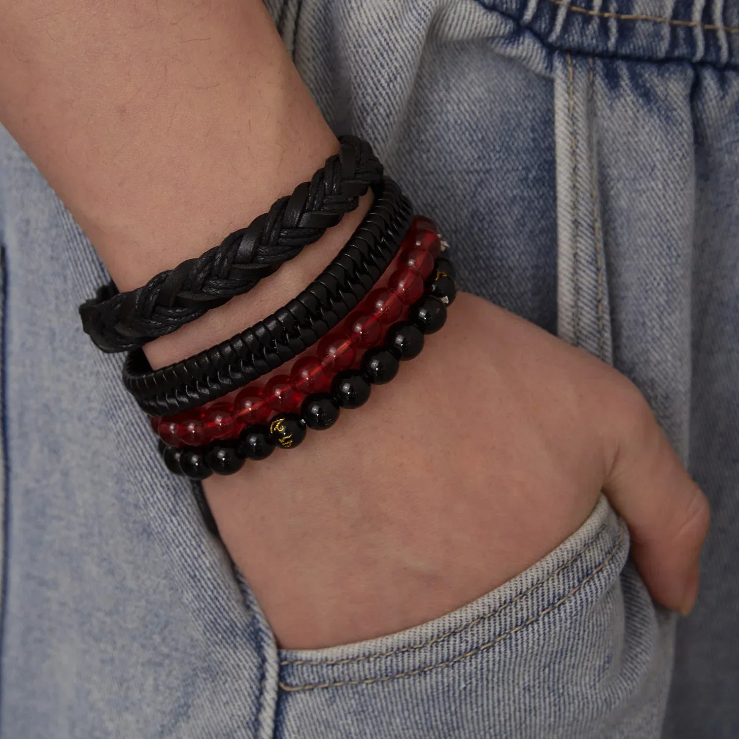 Mens Braided Leather Bracelet Set with Wood Beads and Black Rope - Stylish Multilayer Jewelry Gift - Buzzastore