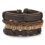 Mens Braided Leather Bracelet Set with Wood Beads and Black Rope - Stylish Multilayer Jewelry Gift - Buzzastore