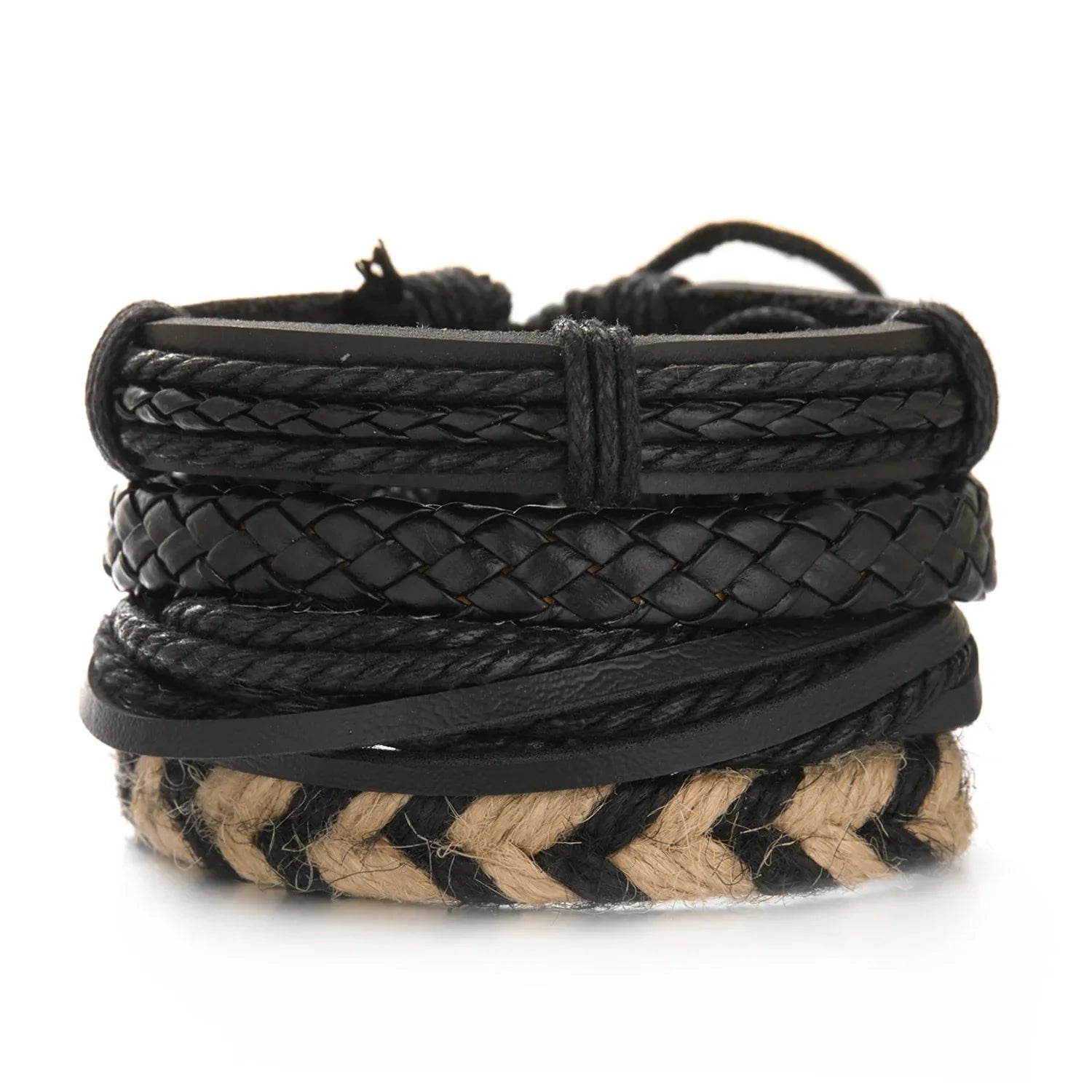 Mens Braided Leather Bracelet Set with Wood Beads and Black Rope - Stylish Multilayer Jewelry Gift - Buzzastore