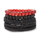 Mens Braided Leather Bracelet Set with Wood Beads and Black Rope - Stylish Multilayer Jewelry Gift - Buzzastore