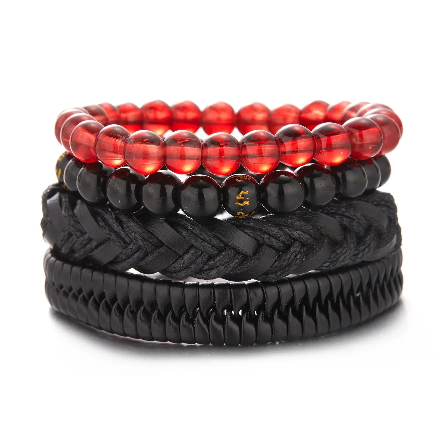 Mens Braided Leather Bracelet Set with Wood Beads and Black Rope - Stylish Multilayer Jewelry Gift - Buzzastore