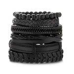 Mens Braided Leather Bracelet Set with Wood Beads and Black Rope - Stylish Multilayer Jewelry Gift - Buzzastore