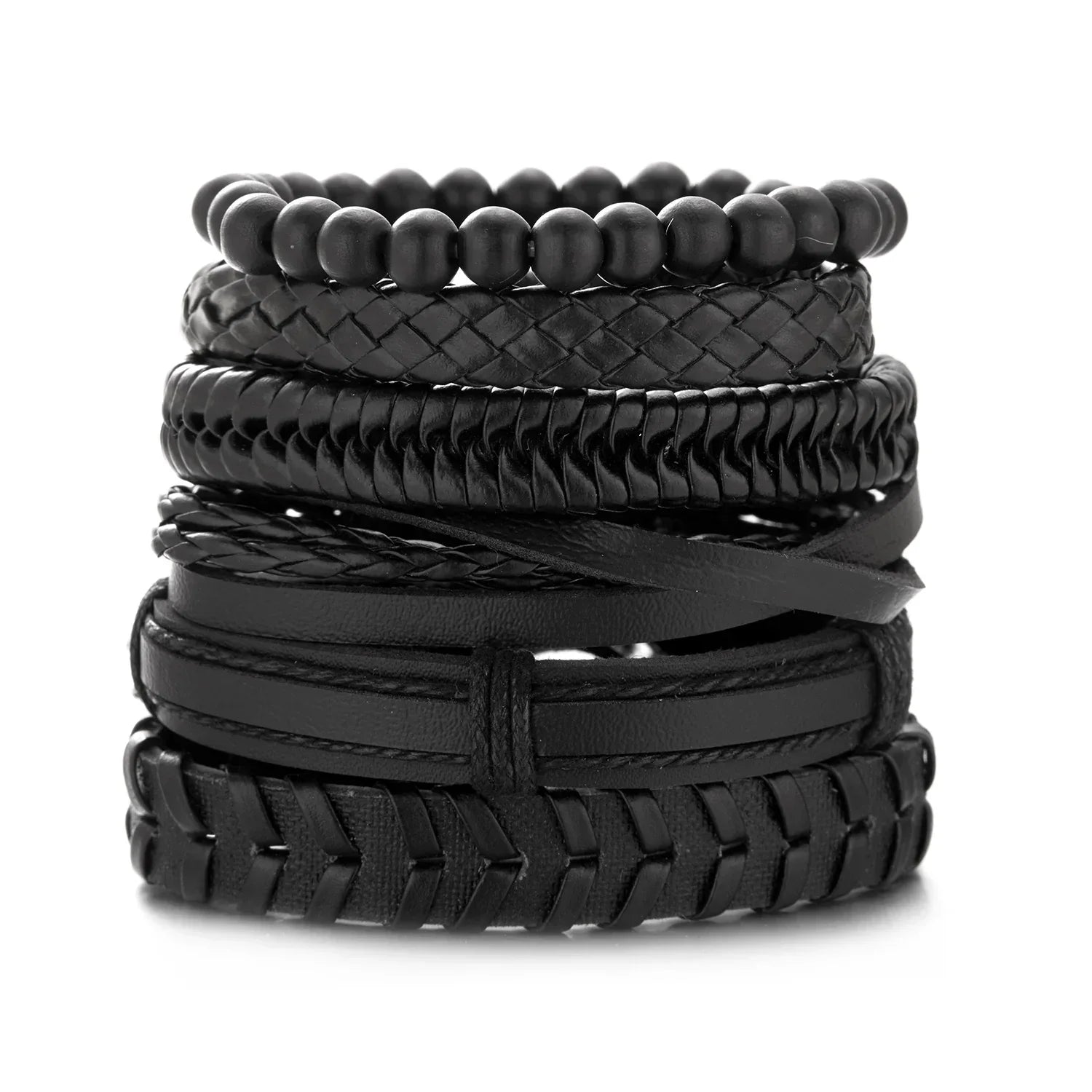 Mens Braided Leather Bracelet Set with Wood Beads and Black Rope - Stylish Multilayer Jewelry Gift - Buzzastore