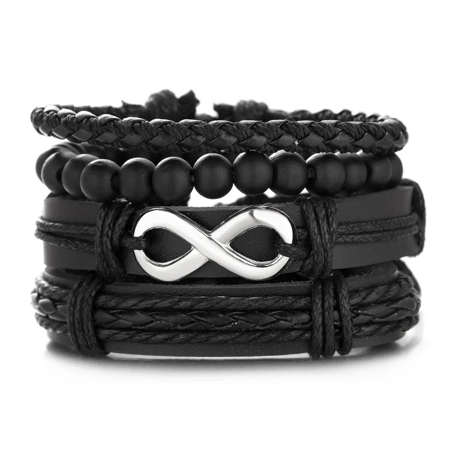 Mens Braided Leather Bracelet Set with Wood Beads and Black Rope - Stylish Multilayer Jewelry Gift - Buzzastore