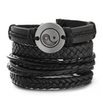 Mens Braided Leather Bracelet Set with Wood Beads and Black Rope - Stylish Multilayer Jewelry Gift - Buzzastore