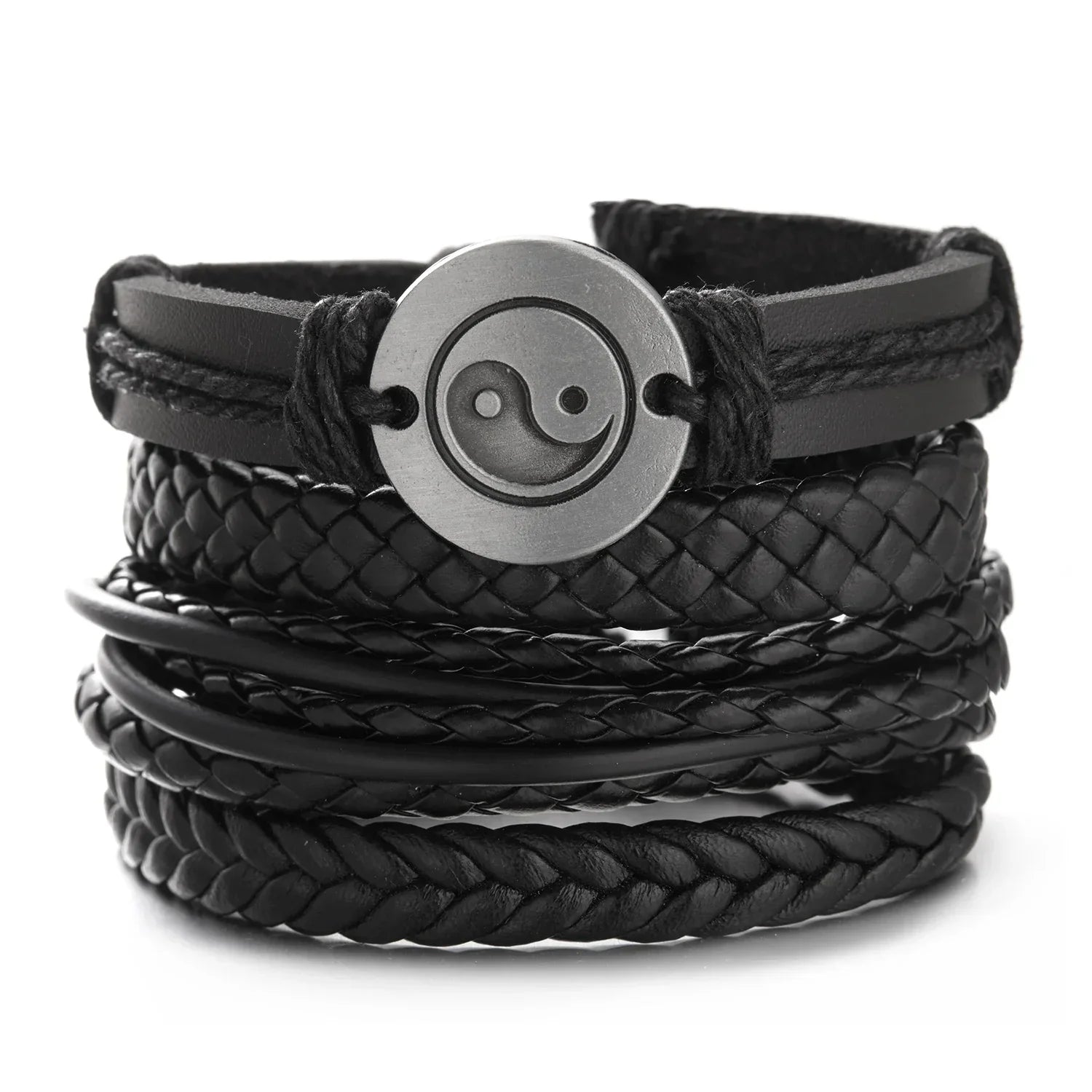 Mens Braided Leather Bracelet Set with Wood Beads and Black Rope - Stylish Multilayer Jewelry Gift - Buzzastore