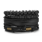 Mens Braided Leather Bracelet Set with Wood Beads and Black Rope - Stylish Multilayer Jewelry Gift - Buzzastore