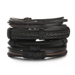 Mens Braided Leather Bracelet Set with Wood Beads and Black Rope - Stylish Multilayer Jewelry Gift - Buzzastore