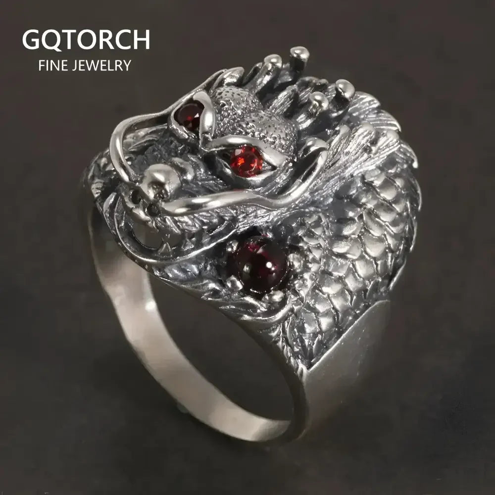 Sterling Silver Dragon Ring with Garnet Gemstone - Unique Fantasy Jewelry - Buzzastore