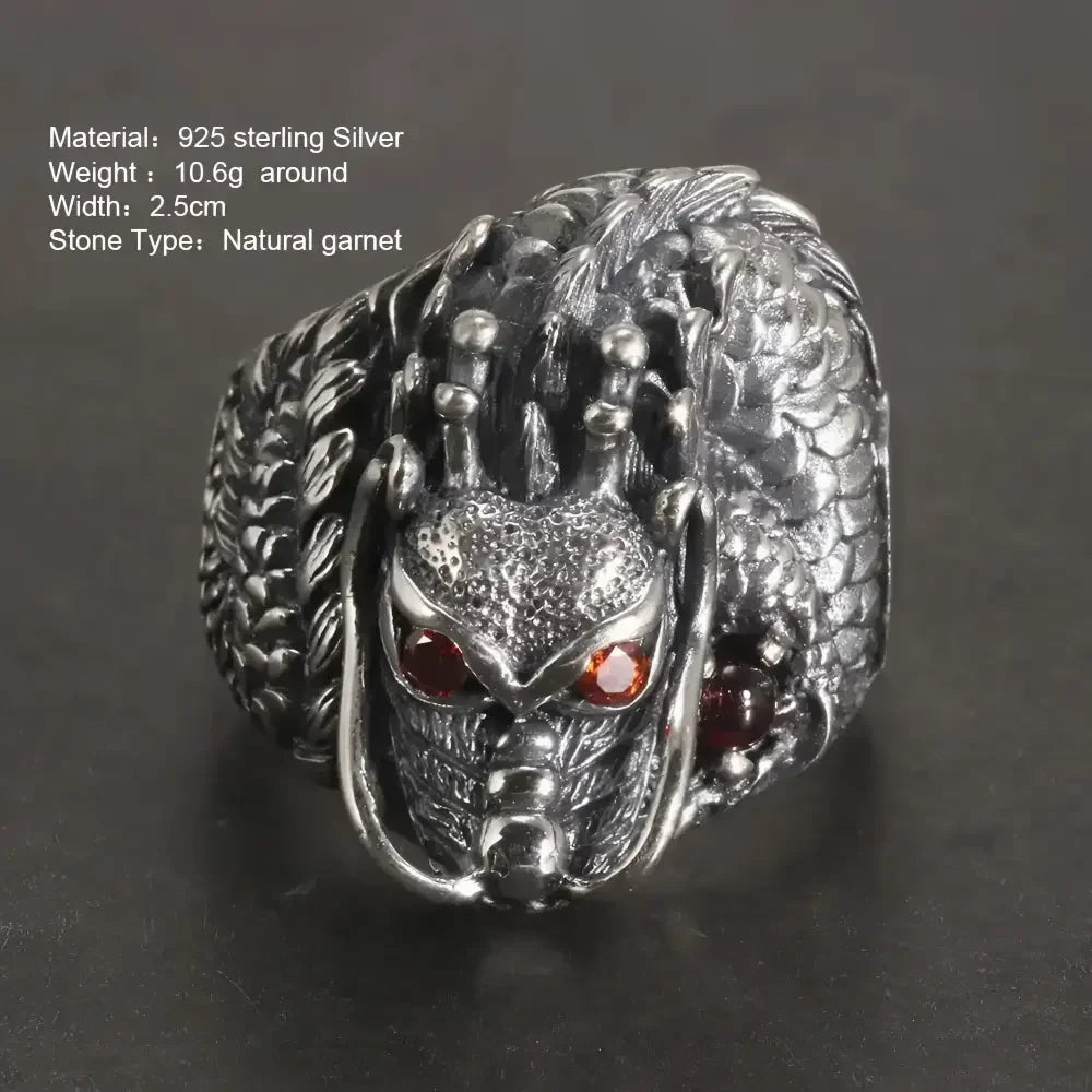 Sterling Silver Dragon Ring with Garnet Gemstone - Unique Fantasy Jewelry - Buzzastore