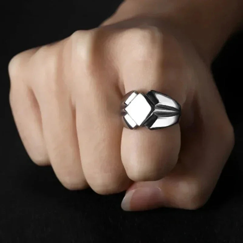Retro Punk Geometric Rhombus Ring for Men in Vintage Oxidized Silver - Trendy Rock Style Jewelry - Buzzastore