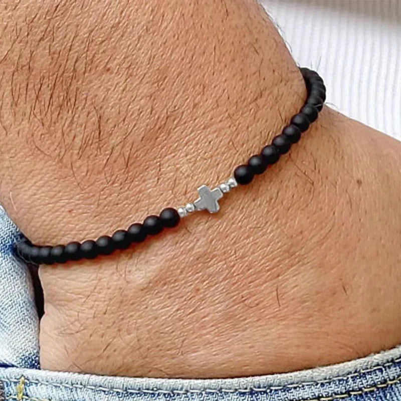 Mens Black Onyx Beaded Bracelet with Cross Charm - Buzzastore