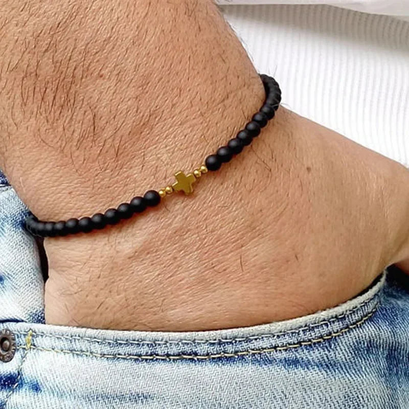 Mens Black Onyx Beaded Bracelet with Cross Charm - Buzzastore