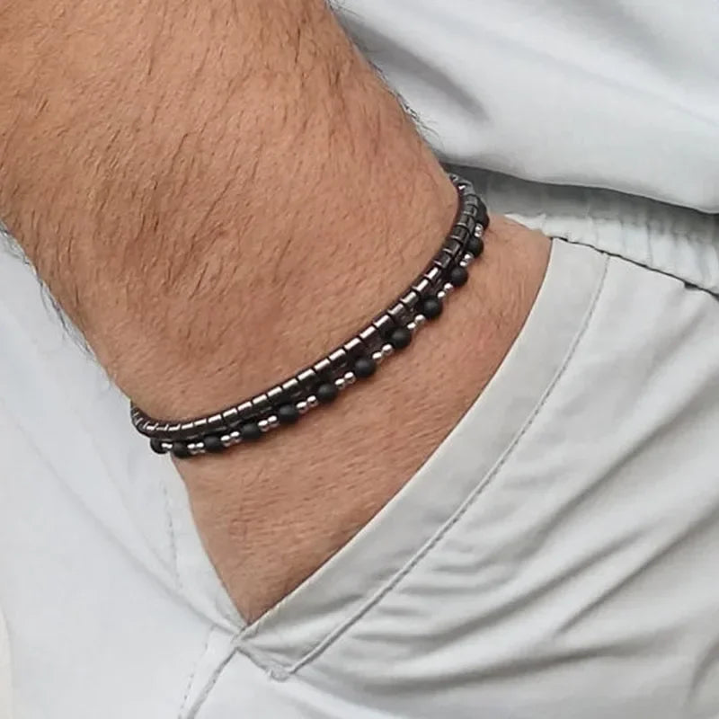 Mens Black Onyx Beaded Bracelet with Cross Charm - Buzzastore