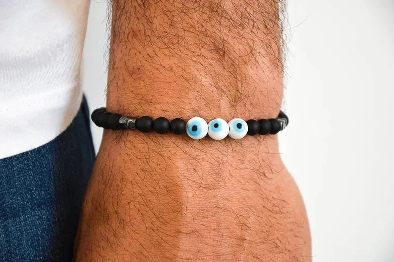 Mens Black Onyx Beaded Bracelet with Cross Charm - Buzzastore