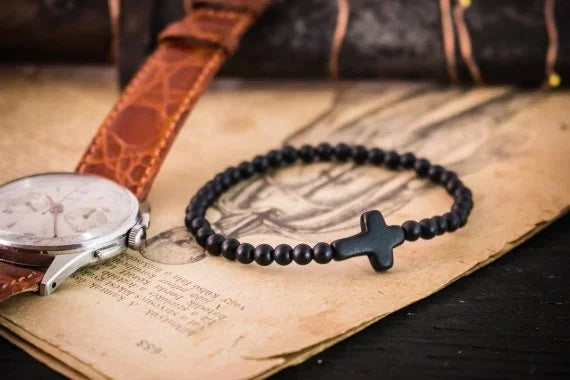 Mens Black Onyx Beaded Bracelet with Cross Charm - Buzzastore