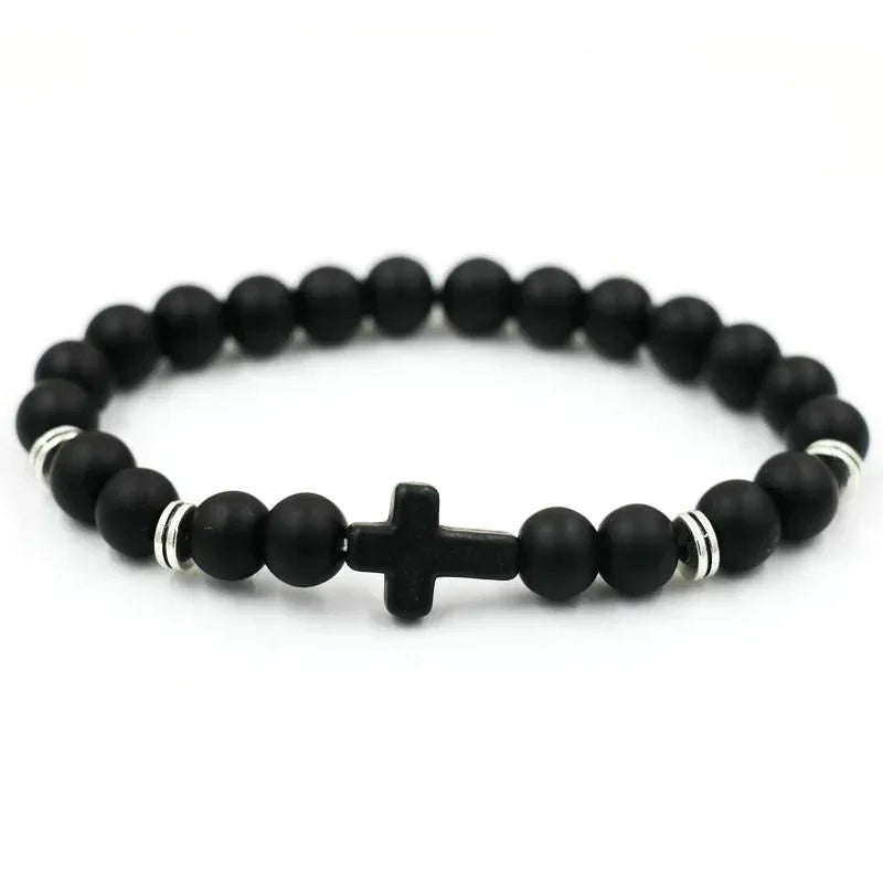 Mens Black Onyx Beaded Bracelet with Cross Charm - Buzzastore