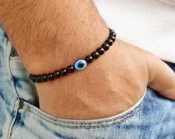 Mens Black Onyx Beaded Bracelet with Cross Charm - Buzzastore
