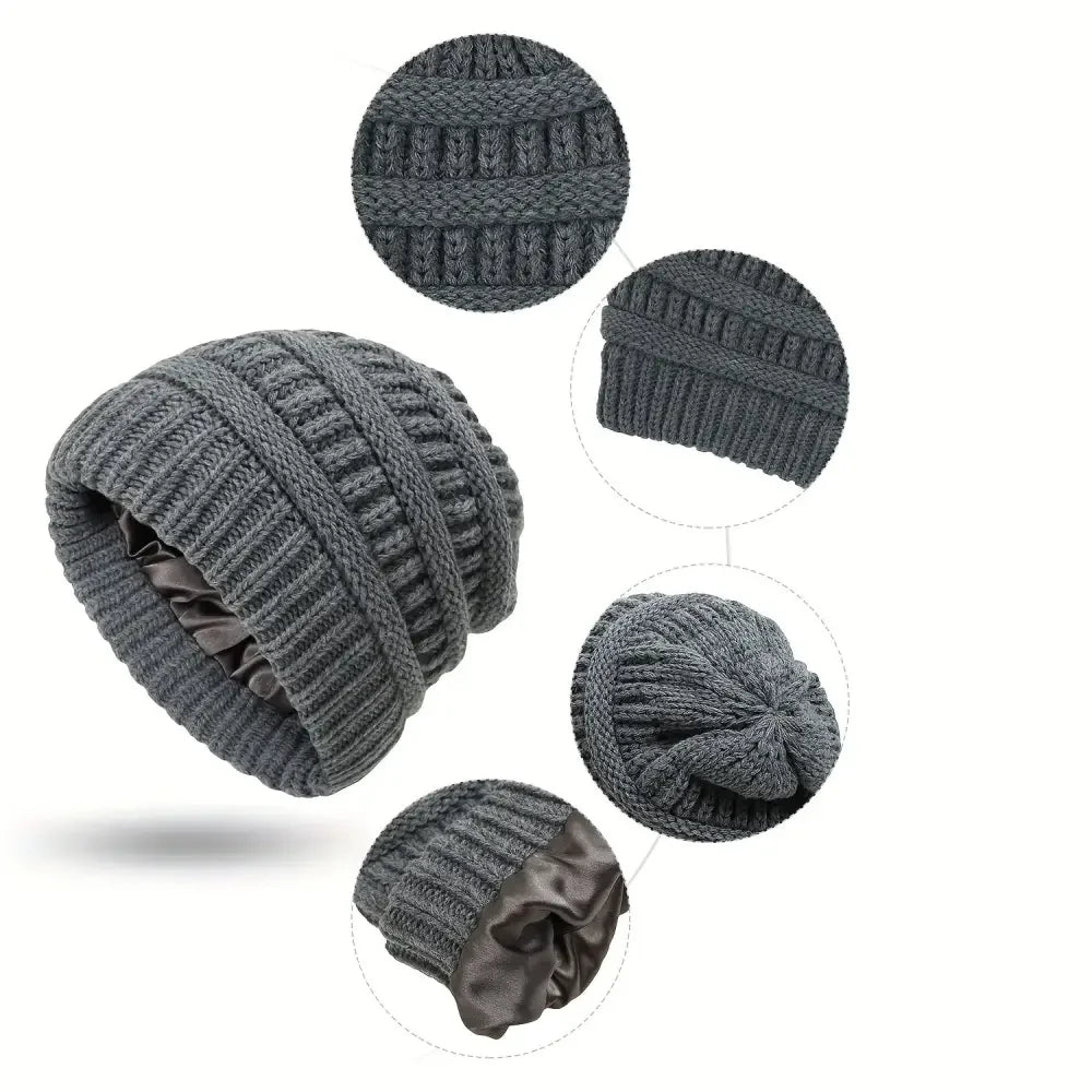 Unisex Knit Beanie Hat with Soft Satin Lining - Warm Stylish Winter Accessory - Buzzastore