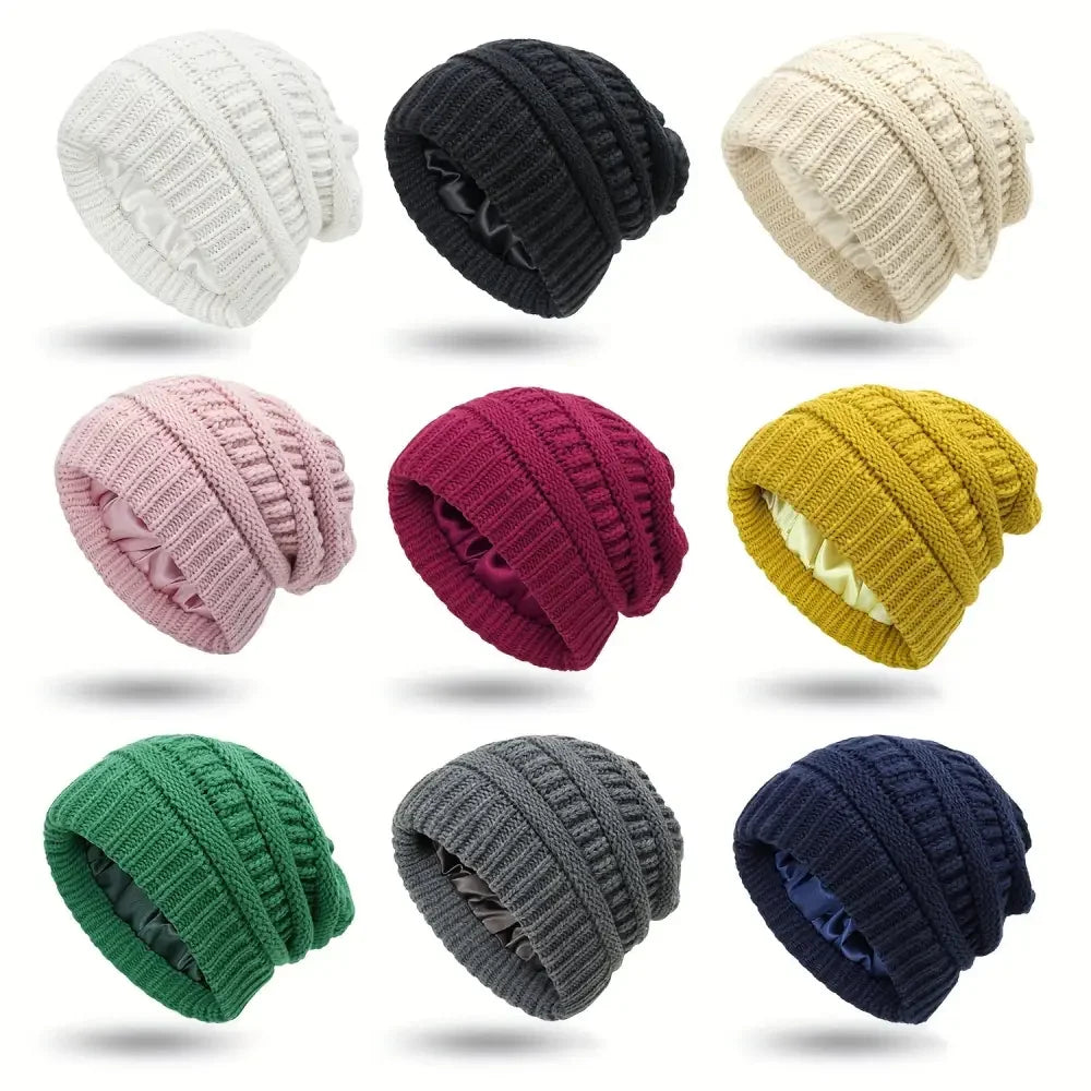 Unisex Knit Beanie Hat with Soft Satin Lining - Warm Stylish Winter Accessory - Buzzastore