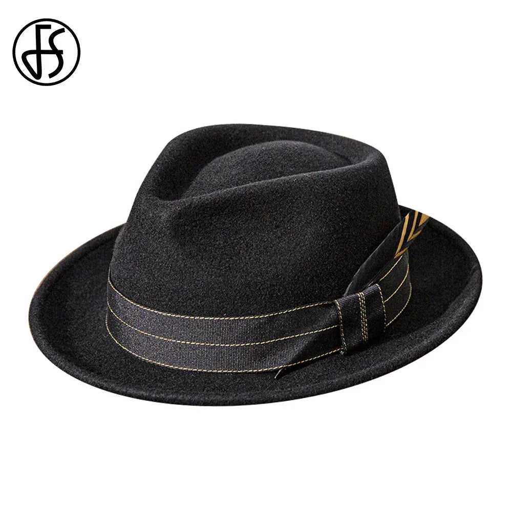 Mens Black Wool Felt Fedora with Ribbon and Feather - Retro Warped Brim Panama Cap for Unisex Style - Buzzastore