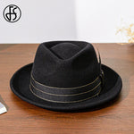 Mens Black Wool Felt Fedora with Ribbon and Feather - Retro Warped Brim Panama Cap for Unisex Style - Buzzastore
