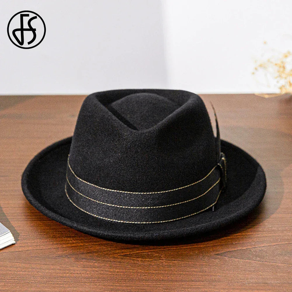 Mens Black Wool Felt Fedora with Ribbon and Feather - Retro Warped Brim Panama Cap for Unisex Style - Buzzastore