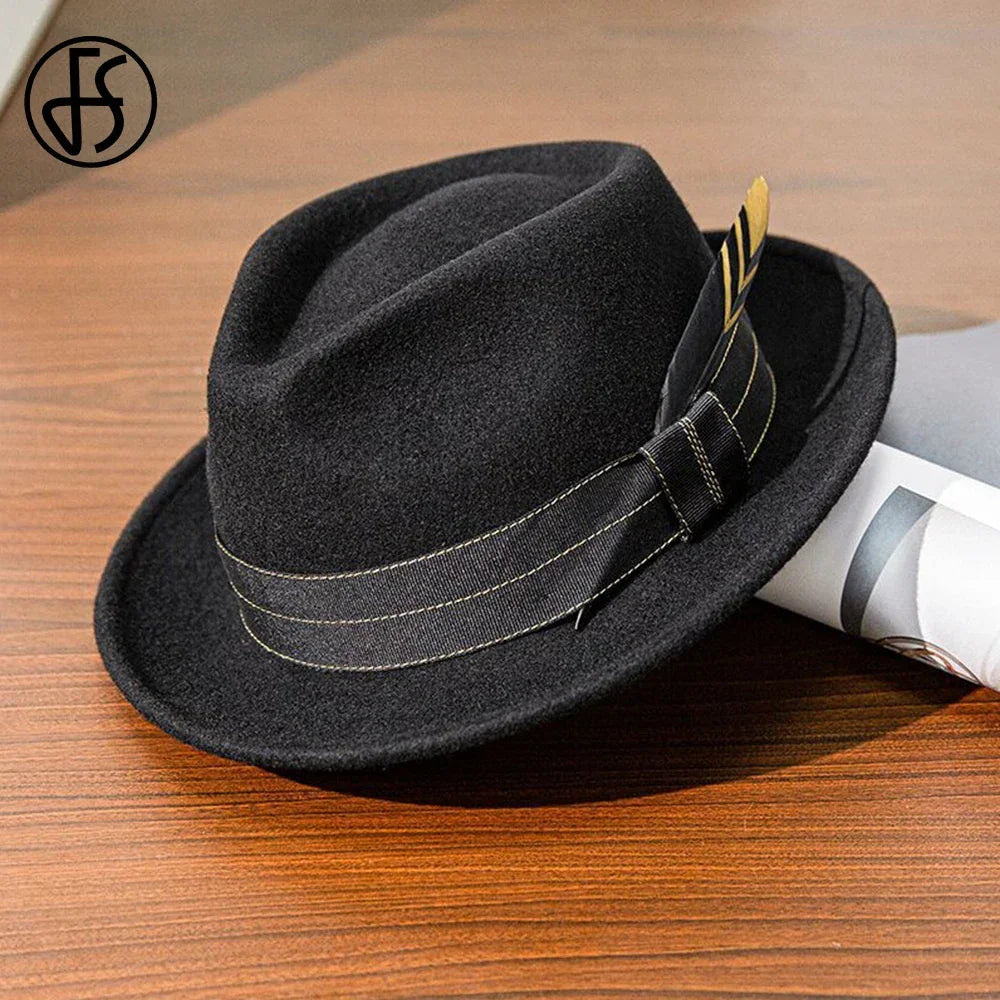 Mens Black Wool Felt Fedora with Ribbon and Feather - Retro Warped Brim Panama Cap for Unisex Style - Buzzastore