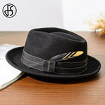 Mens Black Wool Felt Fedora with Ribbon and Feather - Retro Warped Brim Panama Cap for Unisex Style - Buzzastore