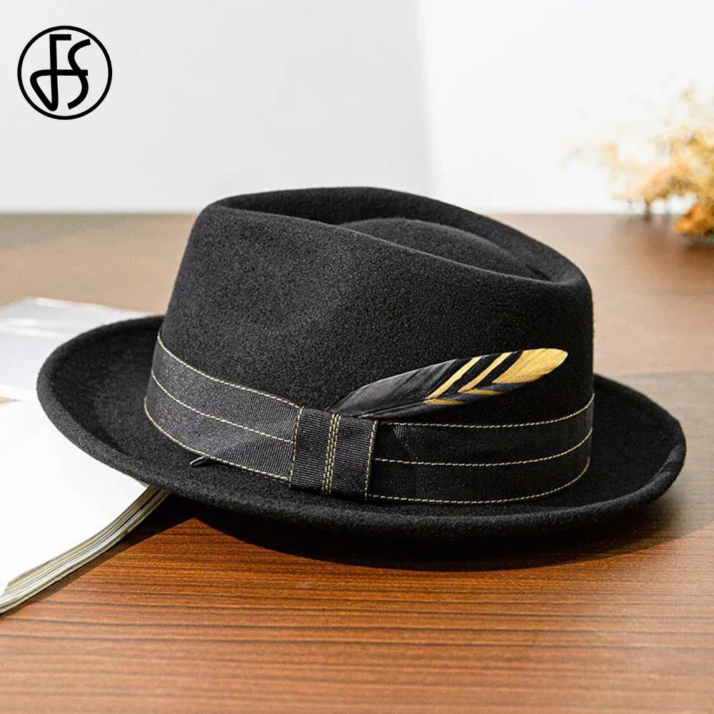 Mens Black Wool Felt Fedora with Ribbon and Feather - Retro Warped Brim Panama Cap for Unisex Style - Buzzastore