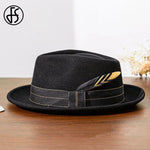 Mens Black Wool Felt Fedora with Ribbon and Feather - Retro Warped Brim Panama Cap for Unisex Style - Buzzastore