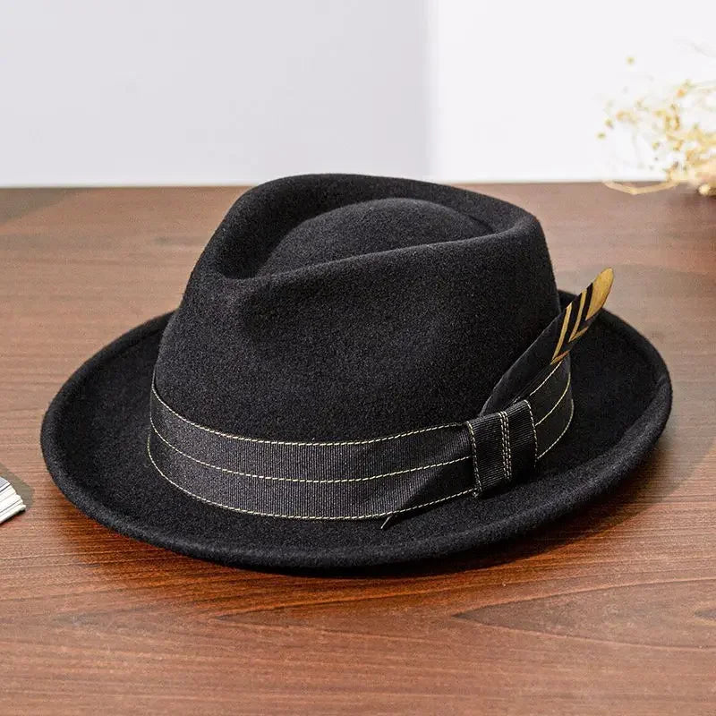 Mens Black Wool Felt Fedora with Ribbon and Feather - Retro Warped Brim Panama Cap for Unisex Style - Buzzastore