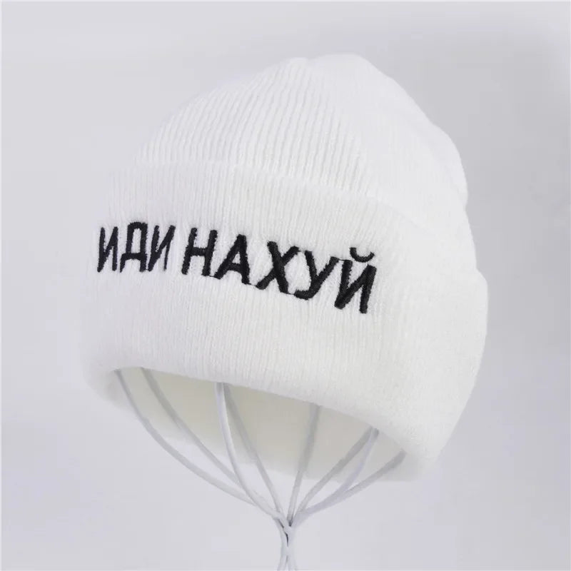 Knitted Black Wool Hat with Russian Inscription ИДИ НА ХУЙ - Fashionable Winter Cap for Warmth and Style - Buzzastore